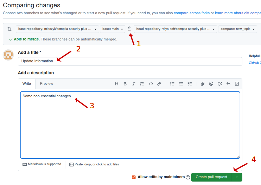 New Pull Request form on GitHub.